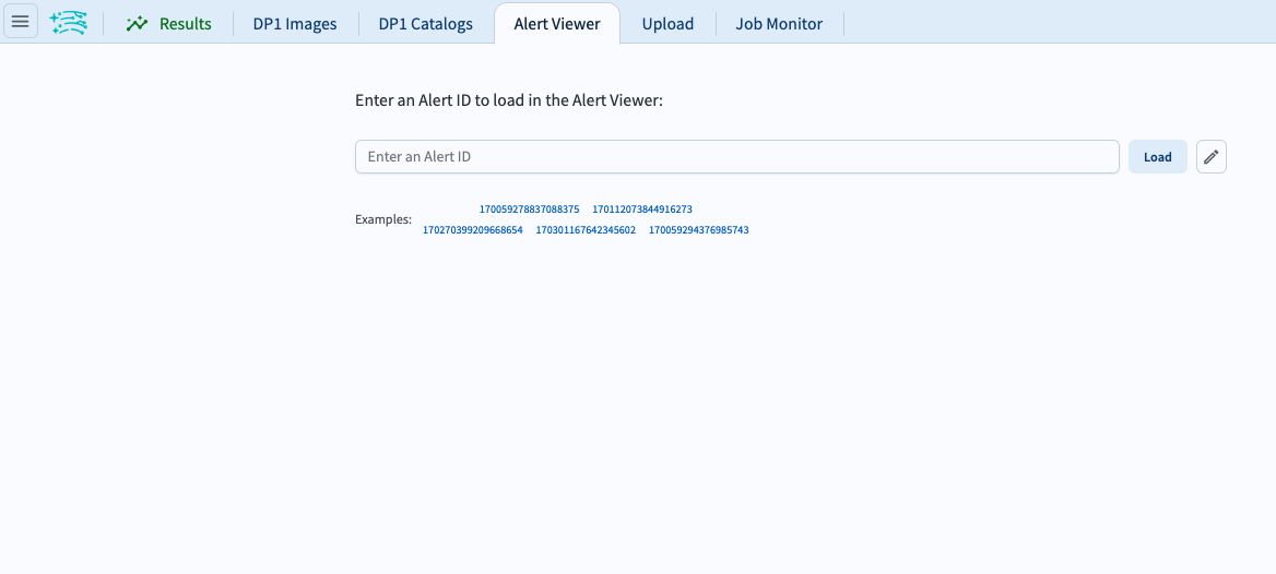 The landing page for the Alert Viewer, showing the interface to enter an Alert ID and a few example Alert IDs.